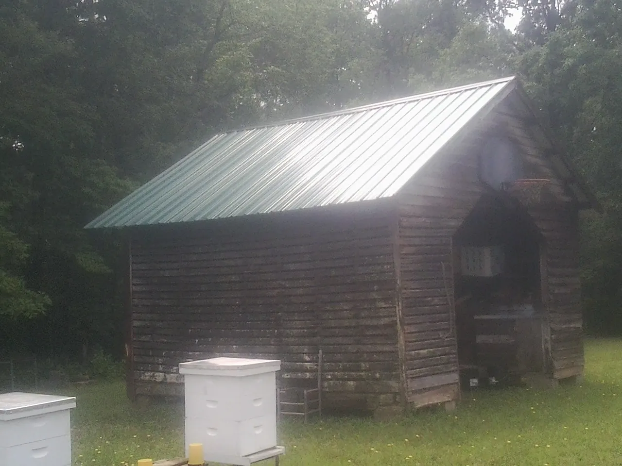 Green metal roof on a weathered barn beside stacked beehives in Jonesboro